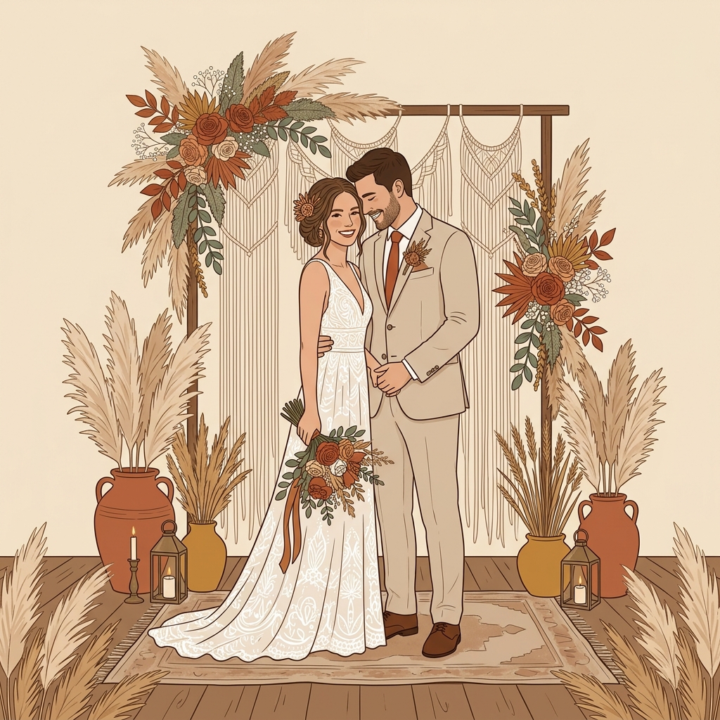 Foto artística do casal Bárbara e Henrique celebrando juntos em harmonia boho